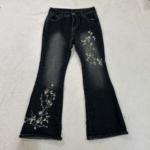 Women's Black Floral Embroidered Flare Jeans Y2K Style